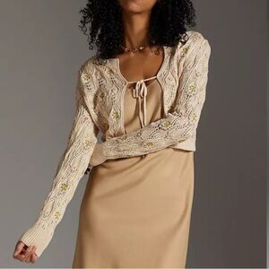 Anthropologie Maeve Small Cardigan Crochet Cottagecore Dainty Embroidered Boho